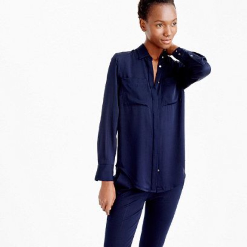 Women’s TALL J. Crew Navy Blue Silk Button Down Dress Shirt Collared 4T 4 Blouse